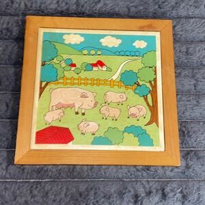 Vintage Tile Trivet Wall Hanger Kitchen Decor Funny‎ Farm Pig piglets 7  x 7